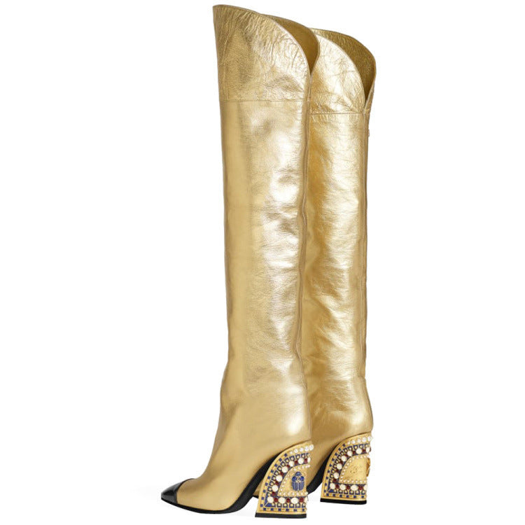 Women's Fashion Mirror Colorblock High Heel Over Knee Boots