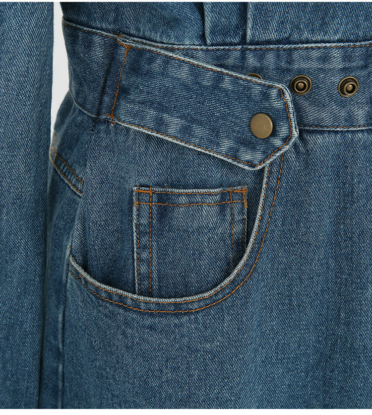 Korean style slim denim dress female waist single breasted