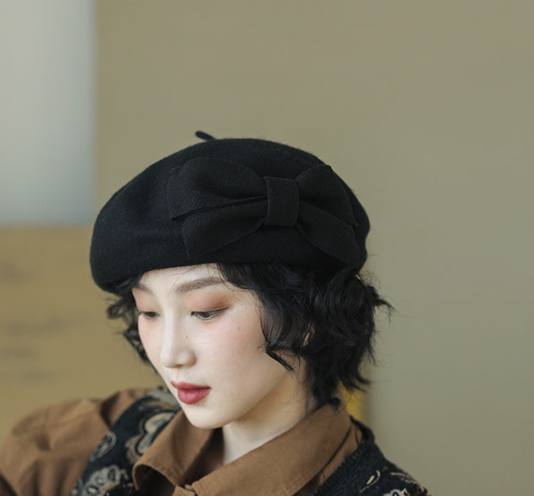 Bow Knot Wool Beret Women's Autumn And Winter Sweet Retro Wool Elegant