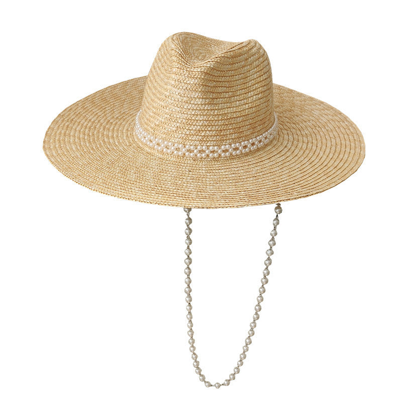 French Pearl Chain Big Brim Wheat Straw Jazz Straw Hat Beach