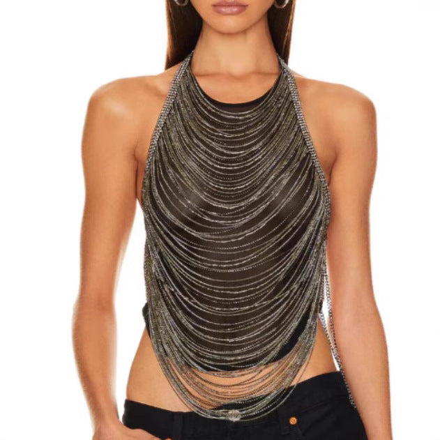 Rhinestone Inlaid Drill Chain Wave Tassel Chain Halter Top