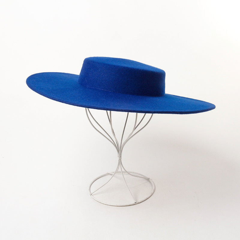 Retro Light Flat Top Big Brim Woolen Bowler Hat