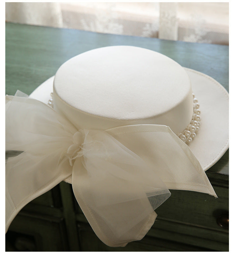 French Elegant Pearl Flat Top Hat Women
