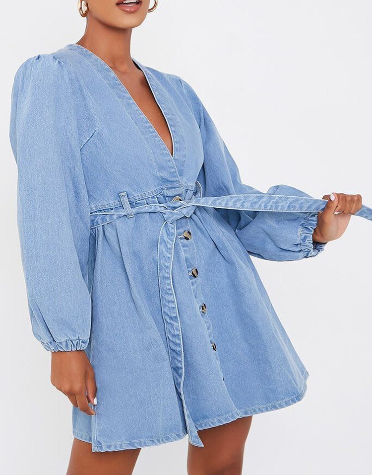 Long-sleeved Cardigan V-neck Denim Midi Dress