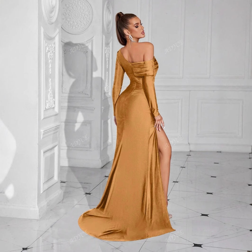 Fashion Diagonal Collar Irregular Long Sleeve Slim Fit Dress