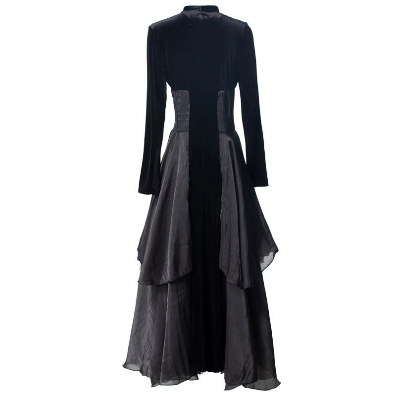 Velvet Stitching Tulle Sexy V-neck Long Sleeve Ruffled Black Cake Dress