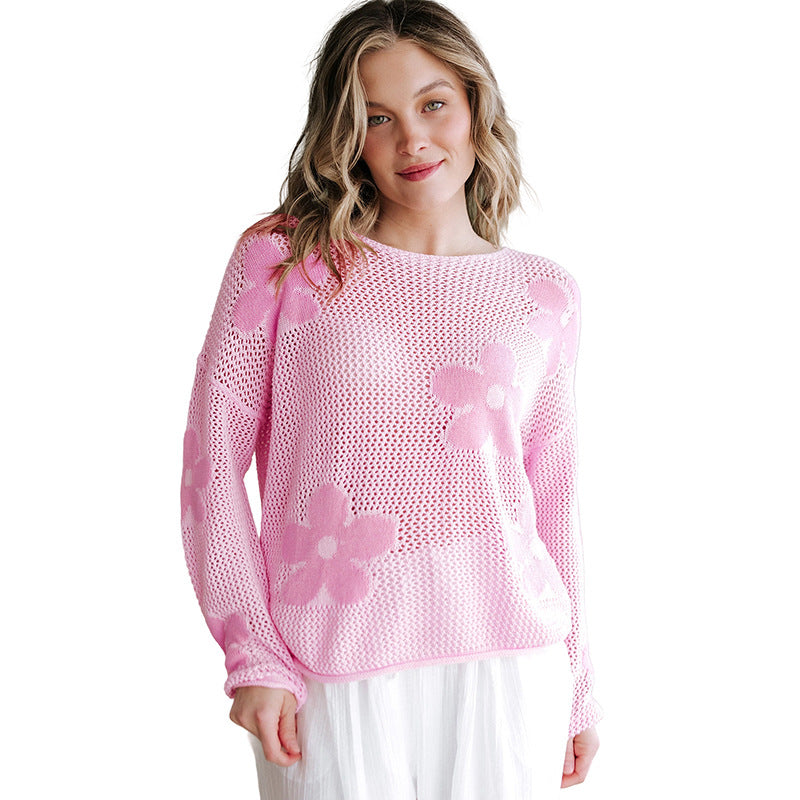European And American Thin Casual Hollow Knitted Long-sleeved Top