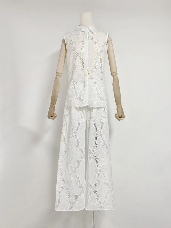 Seaside Vacation Style Lapel Sleeveless Embroidered Polo Top