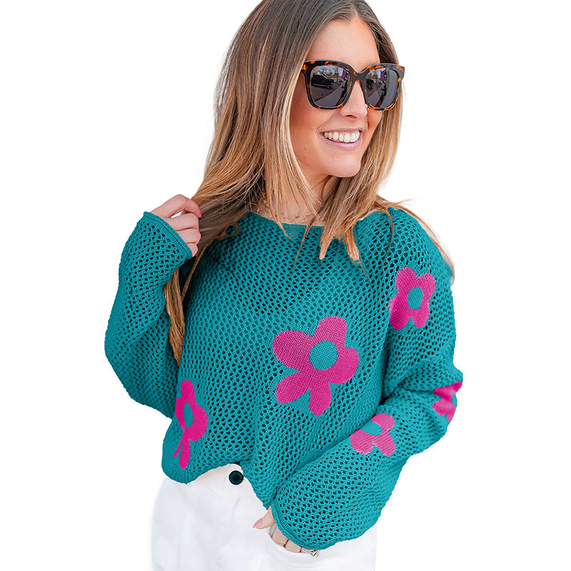 European And American Thin Casual Hollow Knitted Long-sleeved Top