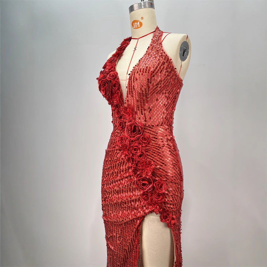 Backless Slim Fit Split Sequined Party Evening Dress
