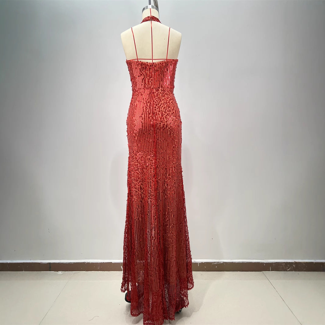 Backless Slim Fit Split Sequined Party Evening Dress