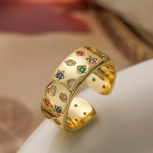 Personality Double Row Zircon Geometric Open Ring