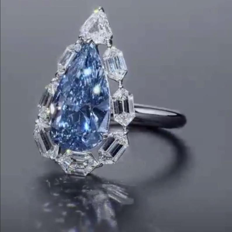Water Drop Ice Flower Cut Synthetic Blue Diamond 925 Silver Bright Blue High Carbon Diamond Pear-shaped Female Ring