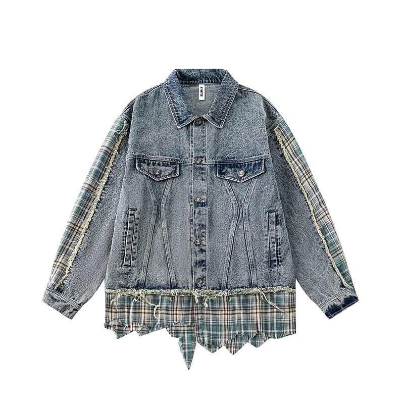 Retro Irregular Patchwork Stripes Raw Edge Denim Jacket