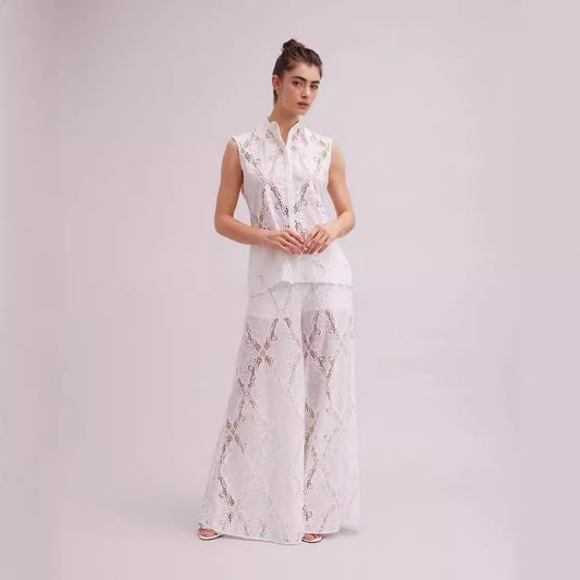 Seaside Vacation Style Lapel Sleeveless Embroidered Polo Top