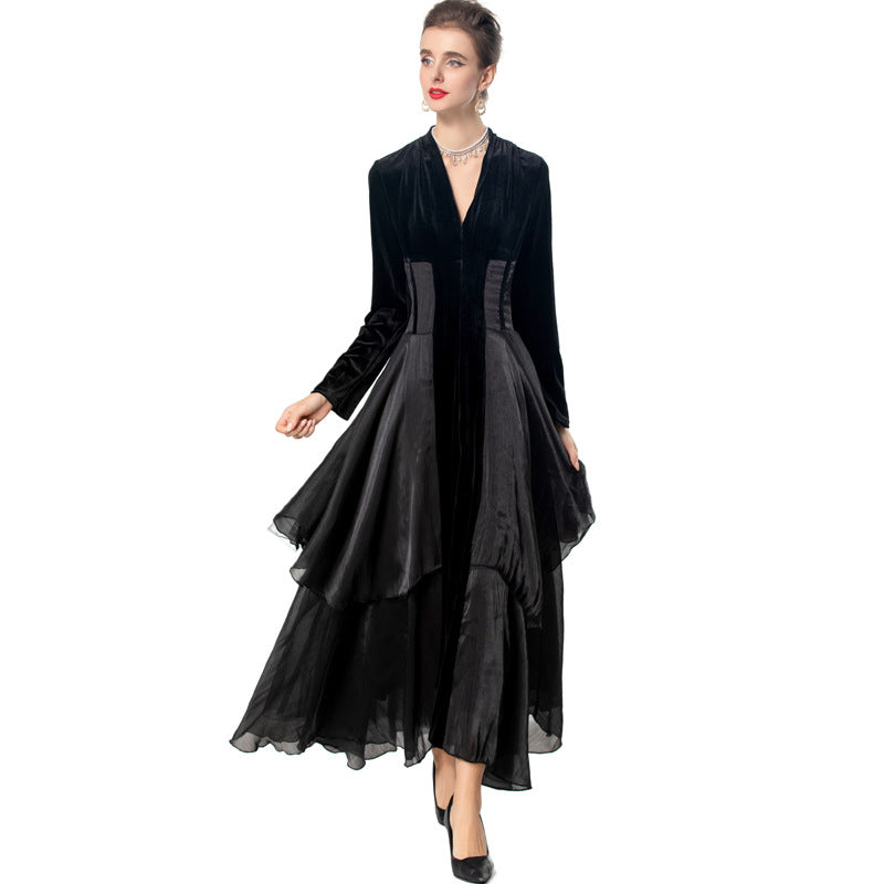 Velvet Stitching Tulle Sexy V-neck Long Sleeve Ruffled Black Cake Dress