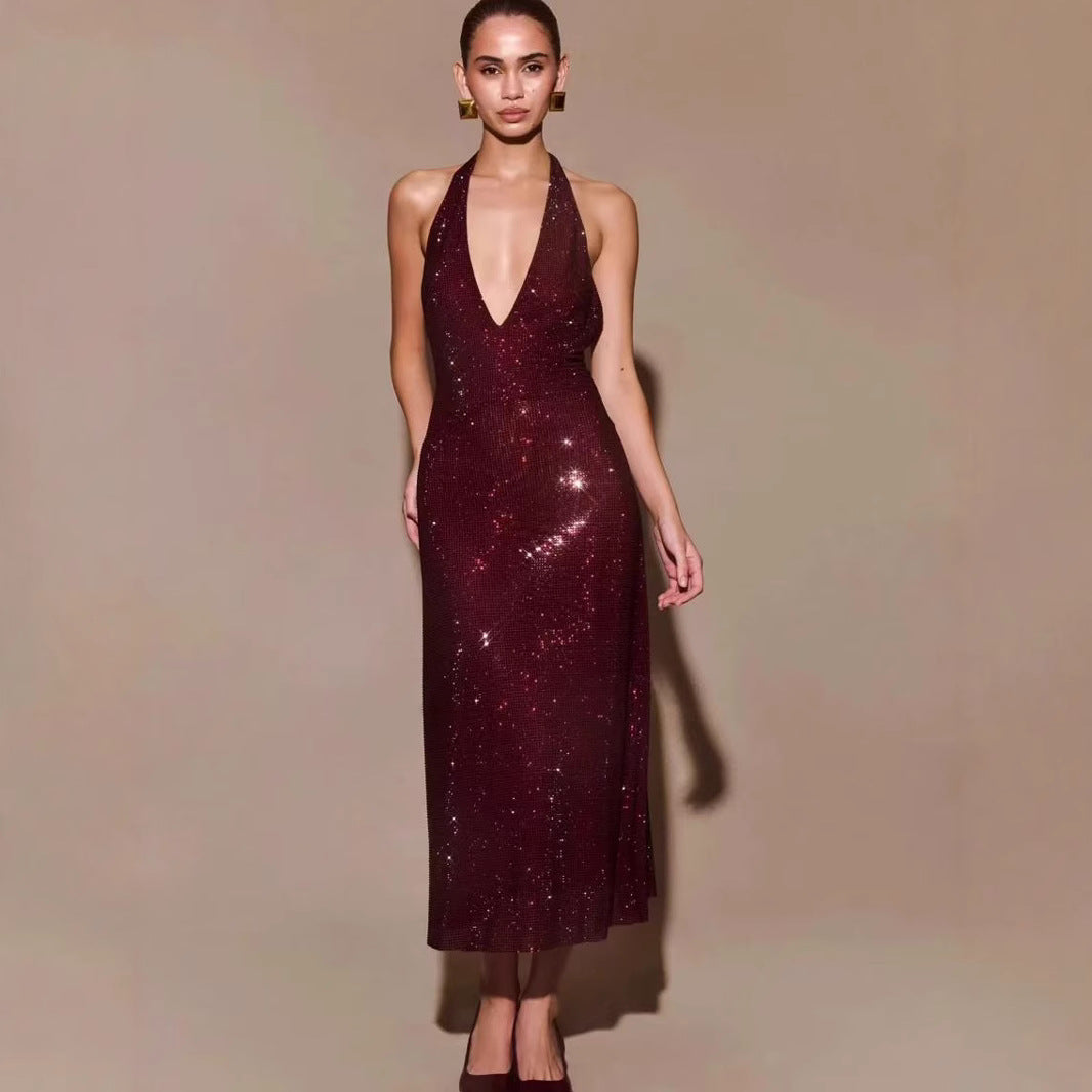 Women's Fashion Deep V-neck Prom Sequin Sling Formal Dress