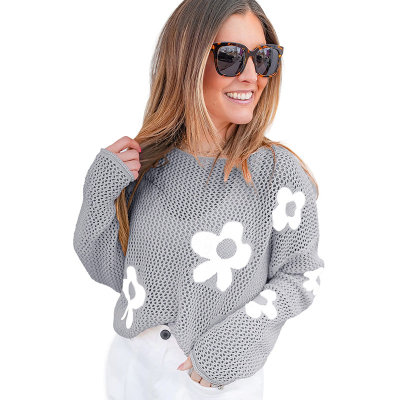 European And American Thin Casual Hollow Knitted Long-sleeved Top