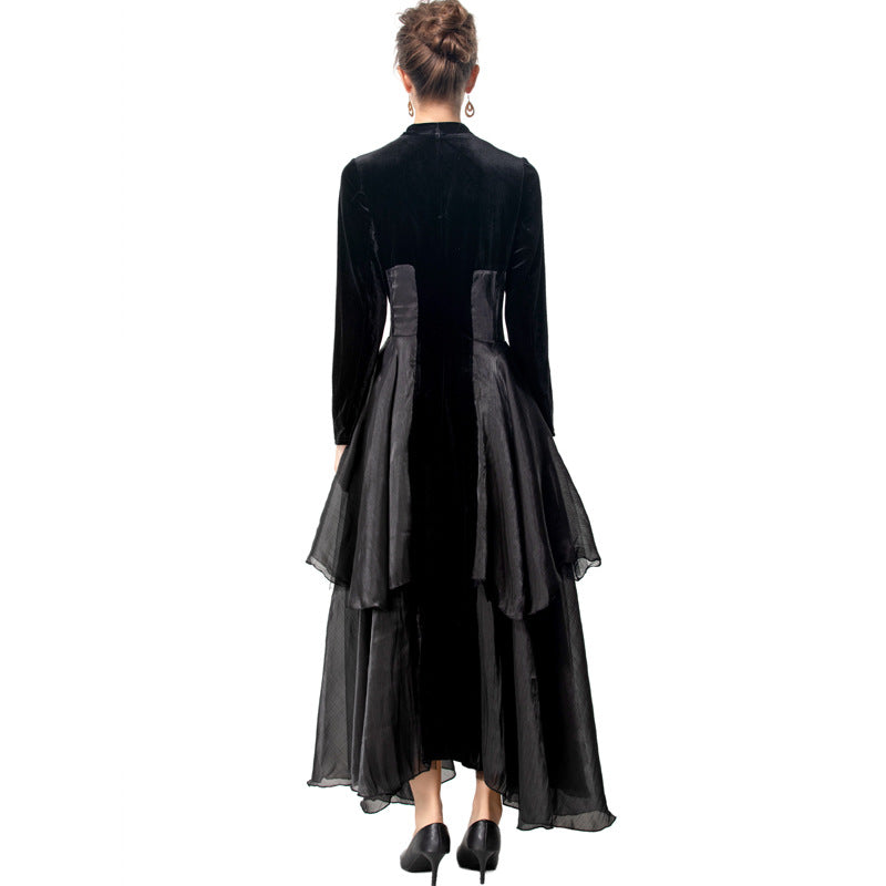 Velvet Stitching Tulle Sexy V-neck Long Sleeve Ruffled Black Cake Dress