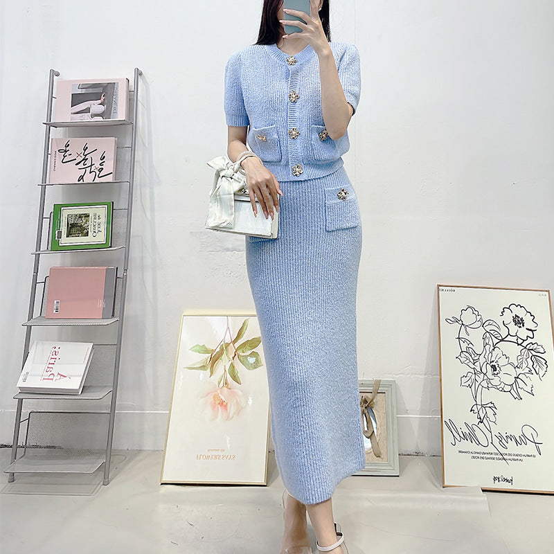 Round Neck Slim-fit Knitted Short Sleeve Cardigan Top Hip Skirt Fashion Suit Women