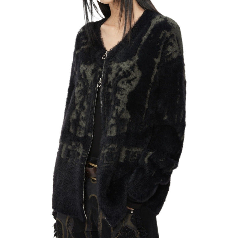 Retro Black V-neck Sweater Coat Female Loose Knitted Cardigan