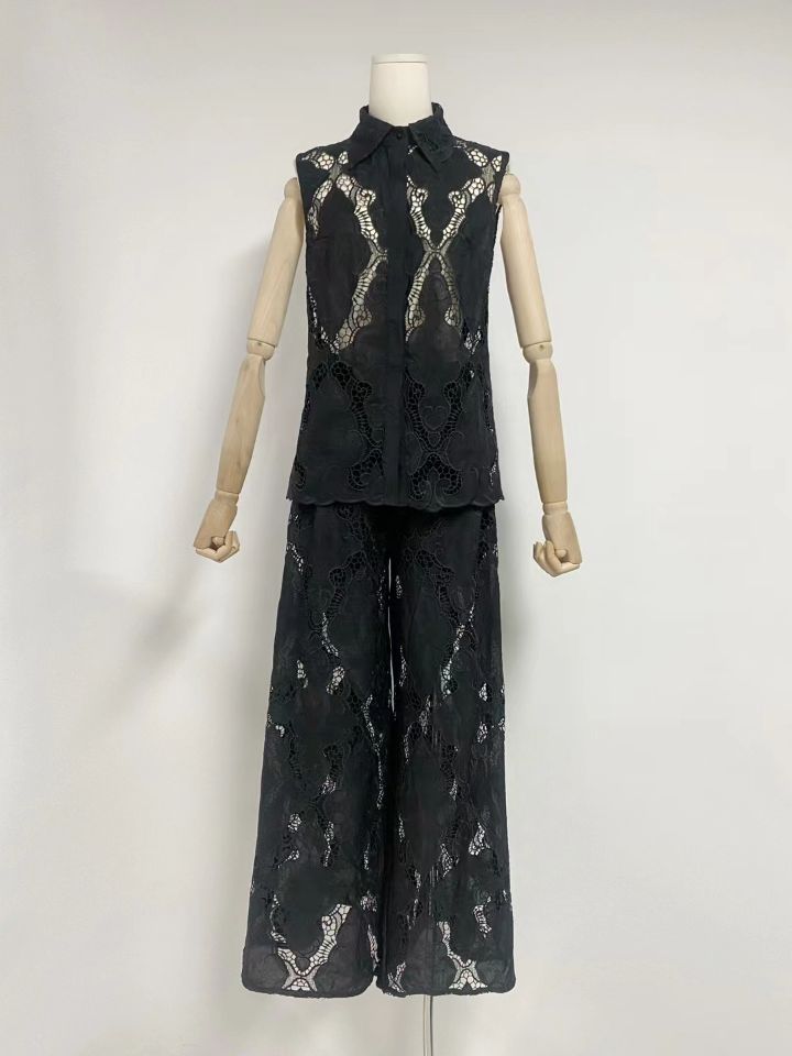 Seaside Vacation Style Lapel Sleeveless Embroidered Polo Top