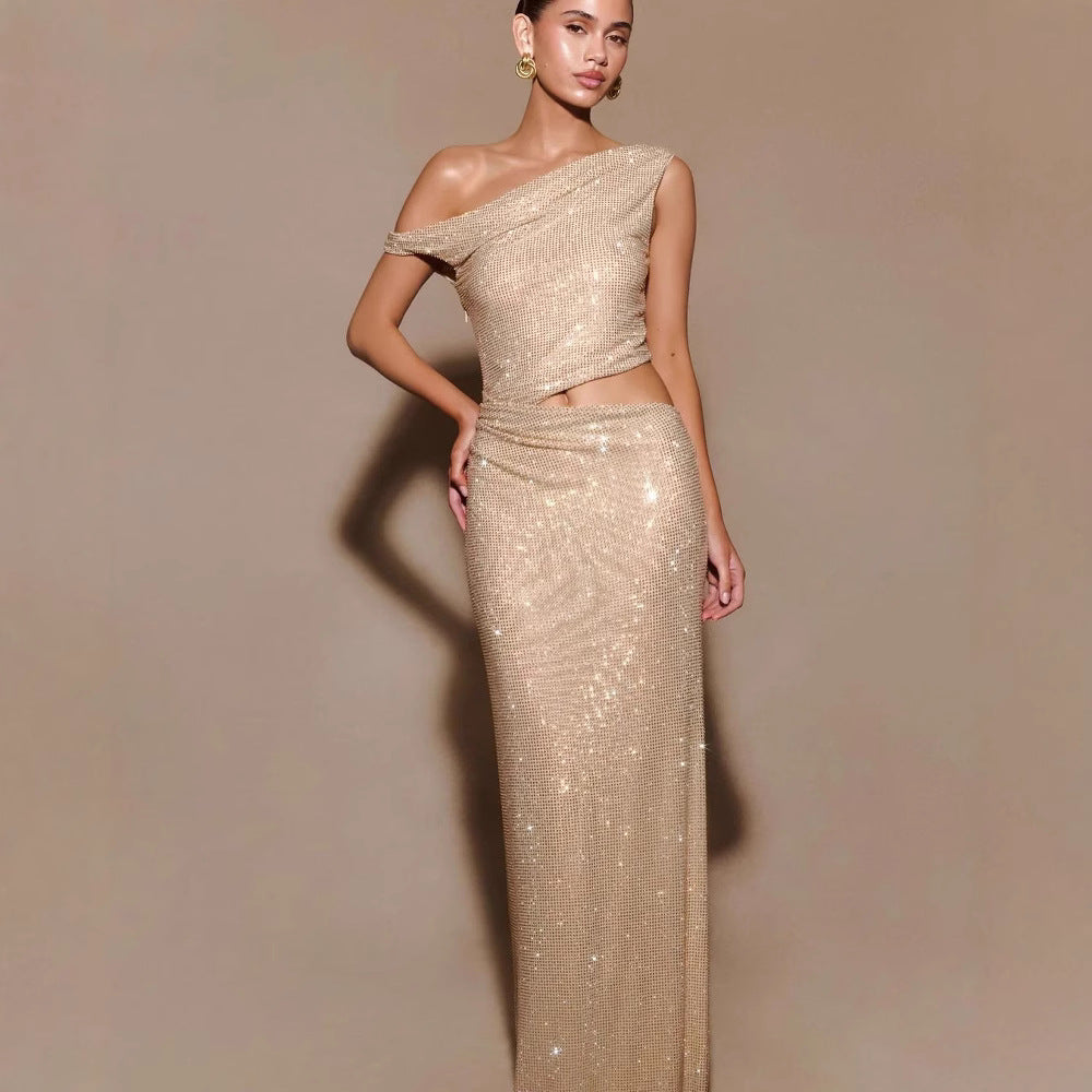 Crossbody Waist-leaking Slim Rhinestone Dress