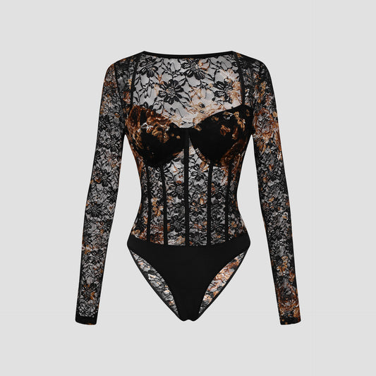 European And American Autumn Winter Retro Dignified Flowers Lace Steel Ring Sheer Long Sleeve
