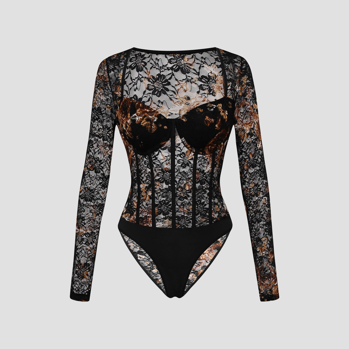 European And American Autumn Winter Retro Dignified Flowers Lace Steel Ring Sheer Long Sleeve