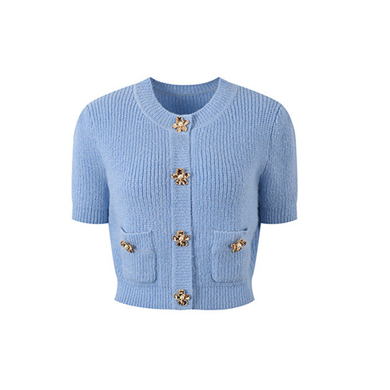 Round Neck Slim-fit Knitted Short Sleeve Cardigan Top Hip Skirt Fashion Suit Women