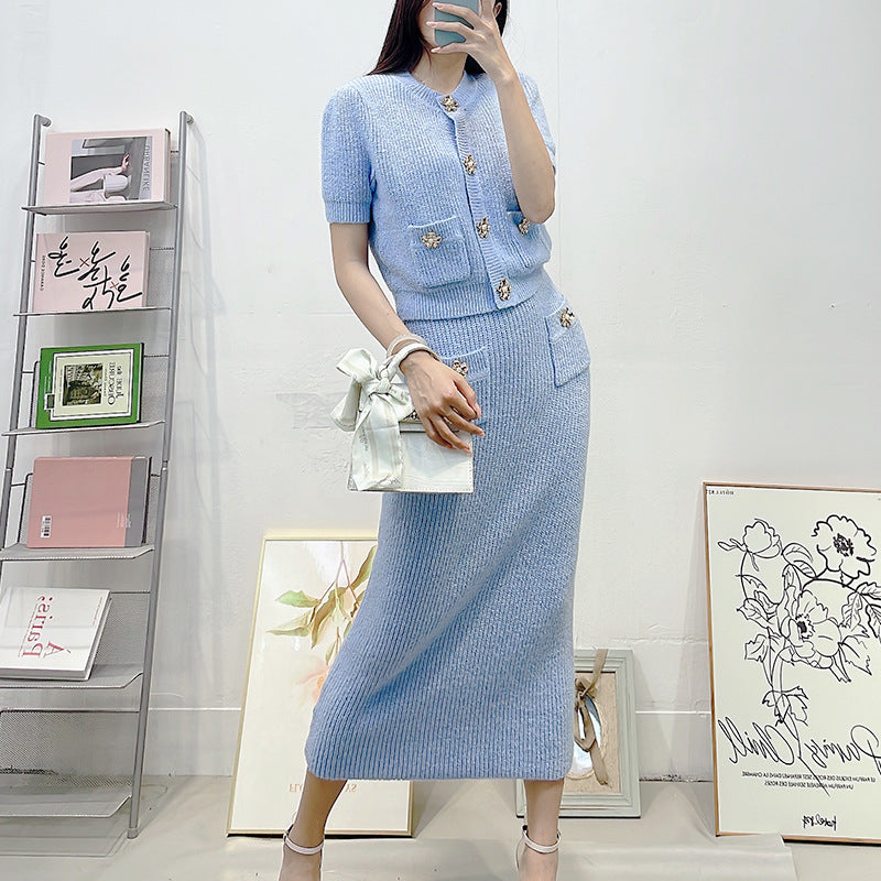 Round Neck Slim-fit Knitted Short Sleeve Cardigan Top Hip Skirt Fashion Suit Women