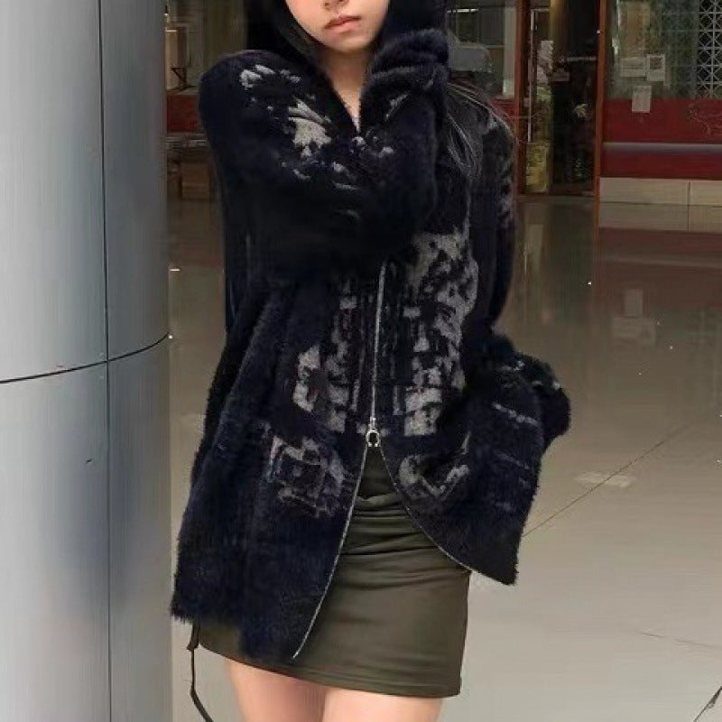 Retro Black V-neck Sweater Coat Female Loose Knitted Cardigan