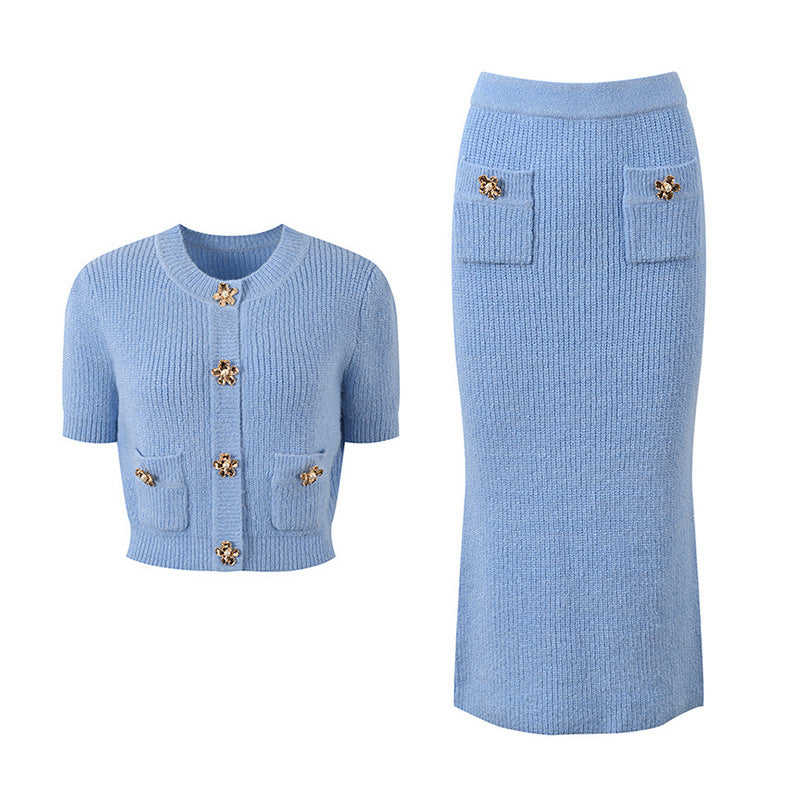 Round Neck Slim-fit Knitted Short Sleeve Cardigan Top Hip Skirt Fashion Suit Women