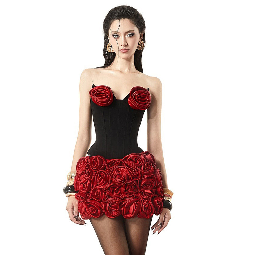 Tube Top Flower Three-dimensional Decoration Top Hip Skirt Dress Two-piece Set