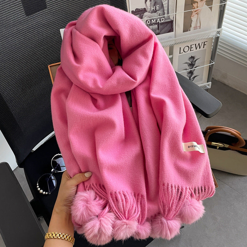 Beige Artificial Cashmere Scarf Fur Ball Winter Warm Tassel Shawl