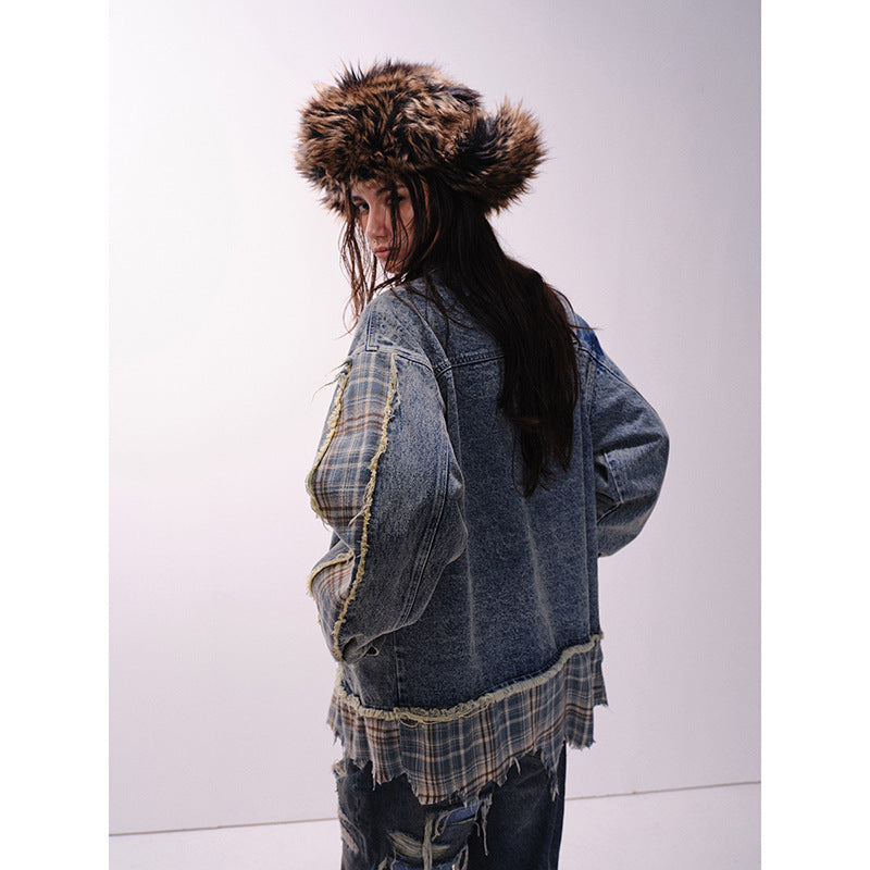 Retro Irregular Patchwork Stripes Raw Edge Denim Jacket