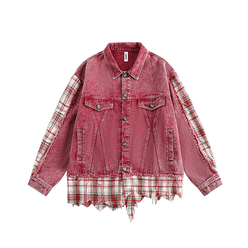 Retro Irregular Patchwork Stripes Raw Edge Denim Jacket
