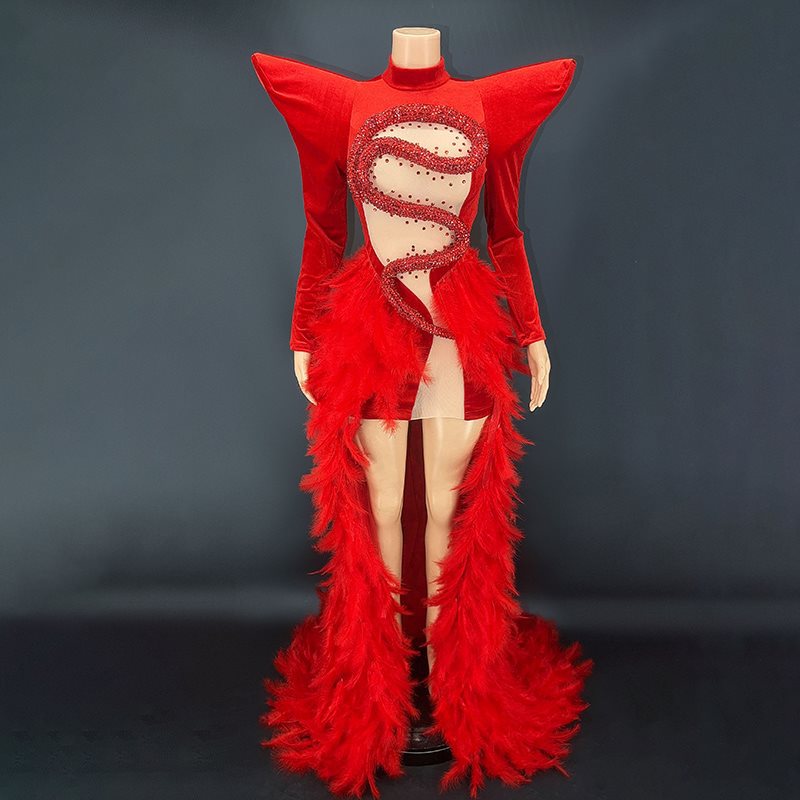 Rhinestone Feather Dress Party Stage