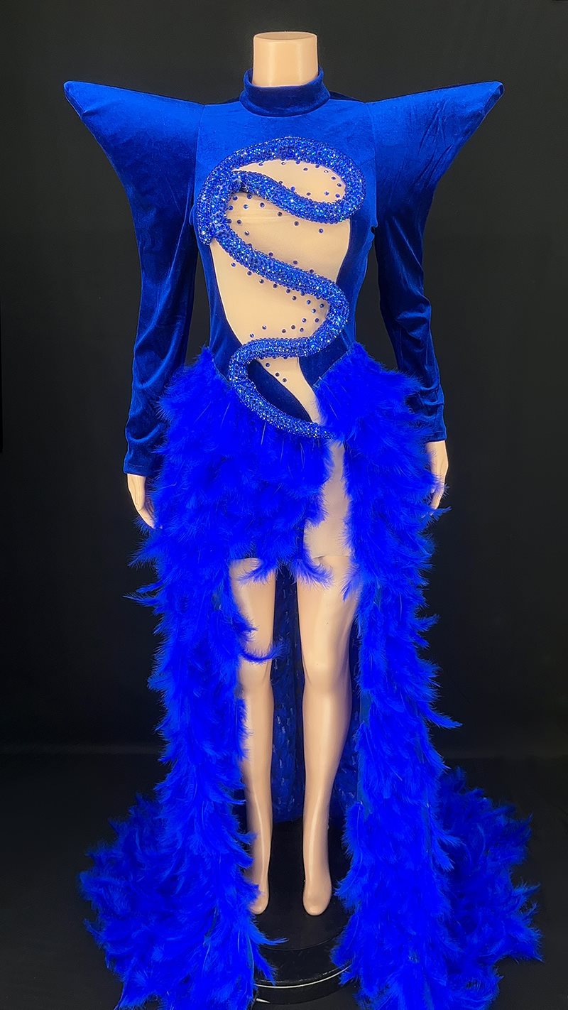 Rhinestone Feather Dress Party Stage