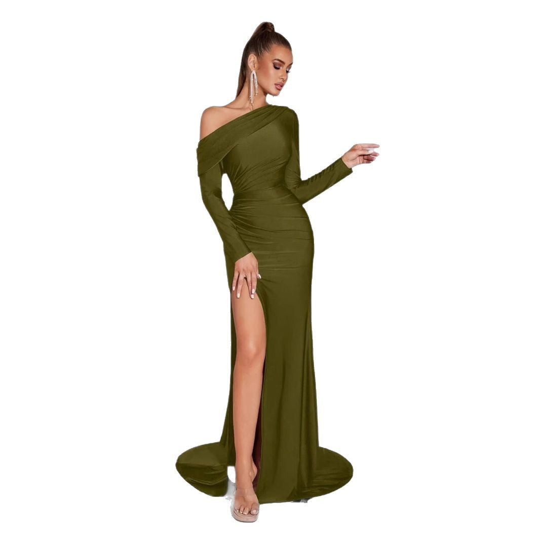 Fashion Diagonal Collar Irregular Long Sleeve Slim Fit Dress