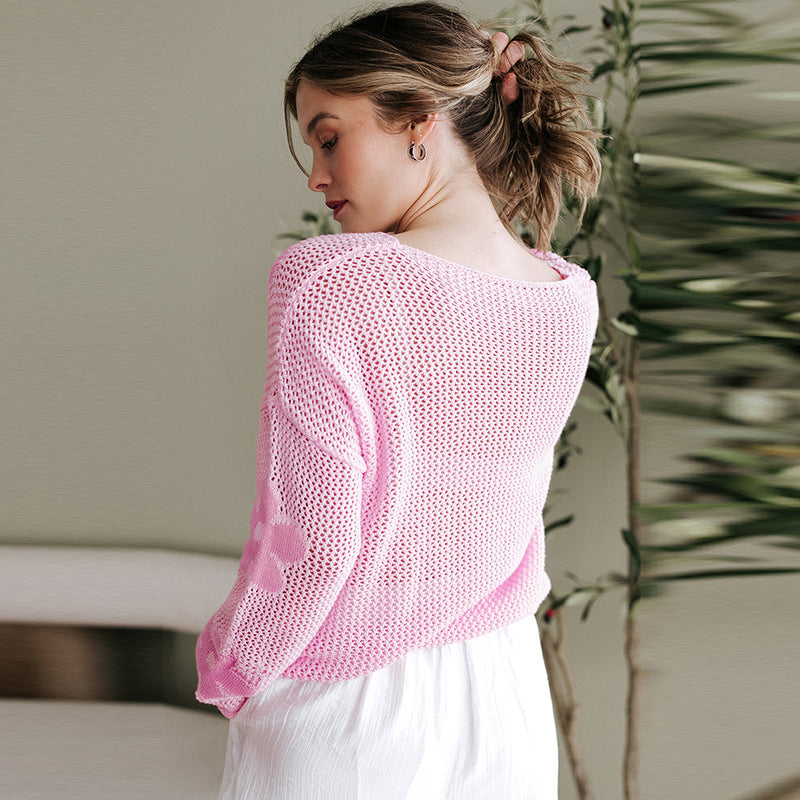 European And American Thin Casual Hollow Knitted Long-sleeved Top