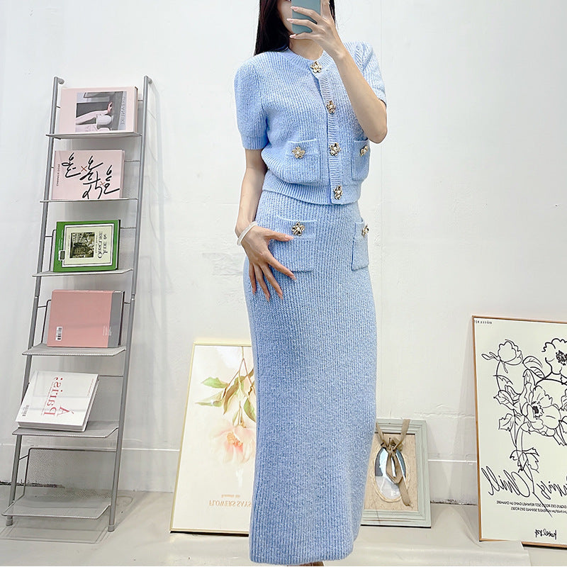 Round Neck Slim-fit Knitted Short Sleeve Cardigan Top Hip Skirt Fashion Suit Women