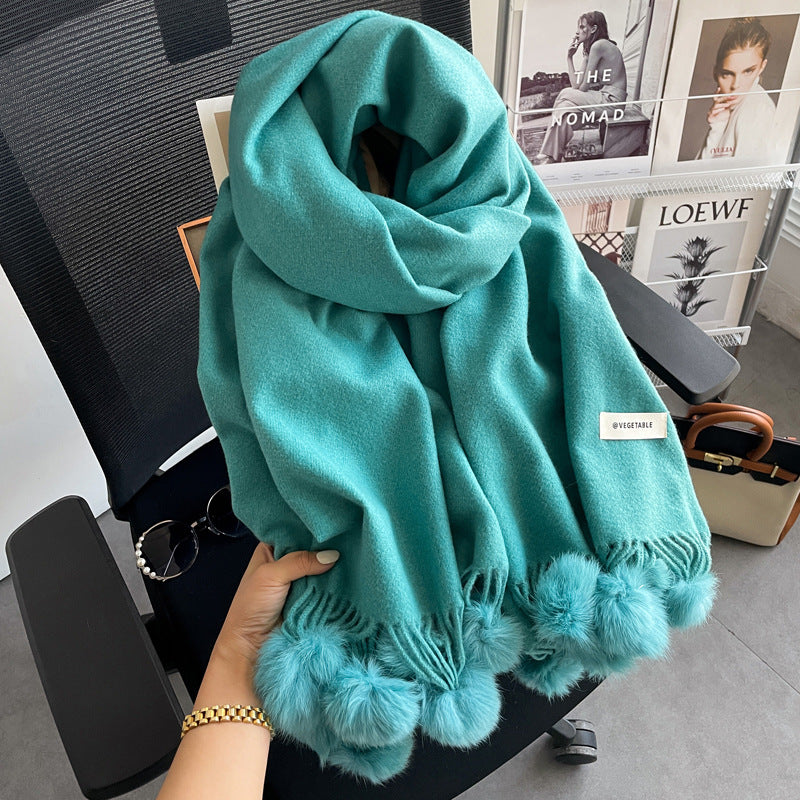Beige Artificial Cashmere Scarf Fur Ball Winter Warm Tassel Shawl