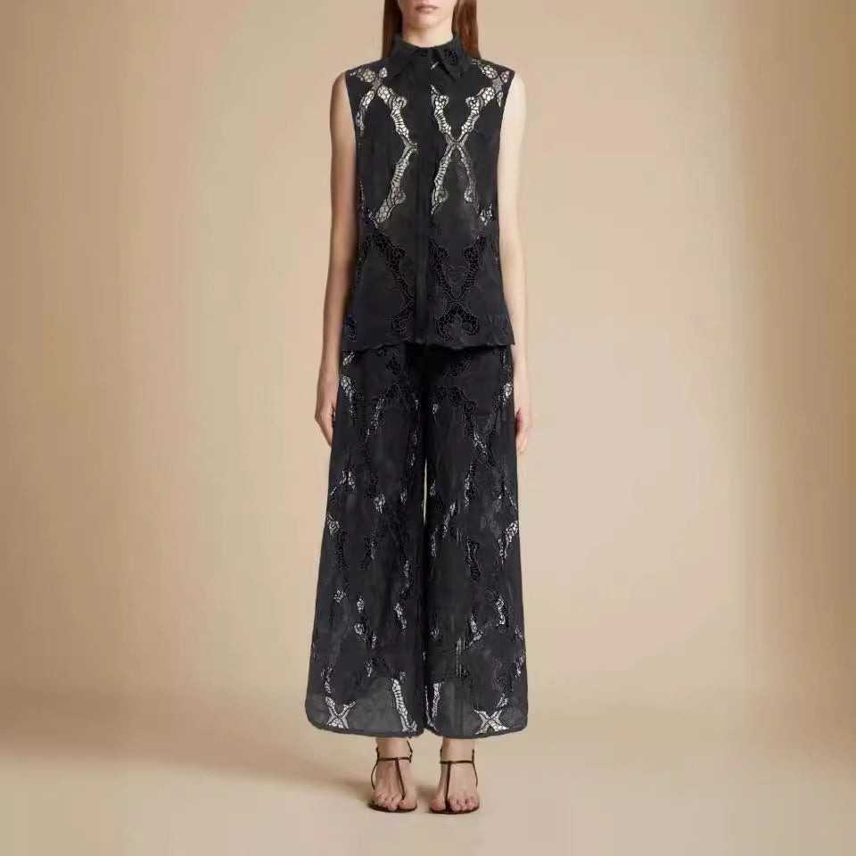 Seaside Vacation Style Lapel Sleeveless Embroidered Polo Top