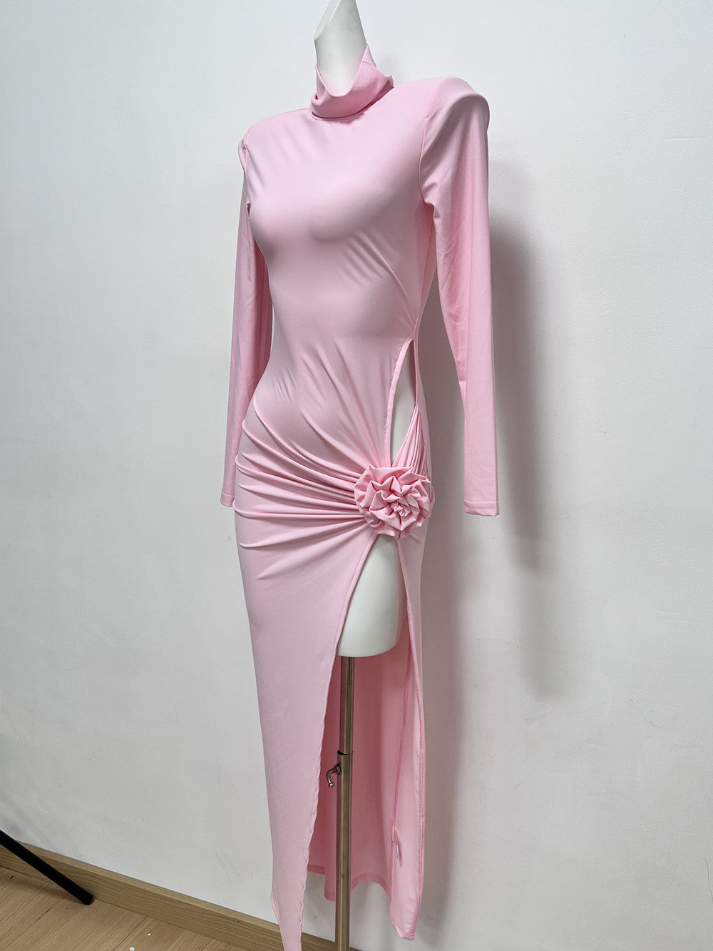 Solid Color Dress Half Collar Long Sleeve Sexy Slit Floral Dress