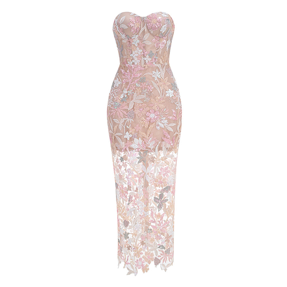 Evening Off-shoulder Sequined Embroidery Heavy Industry Dress