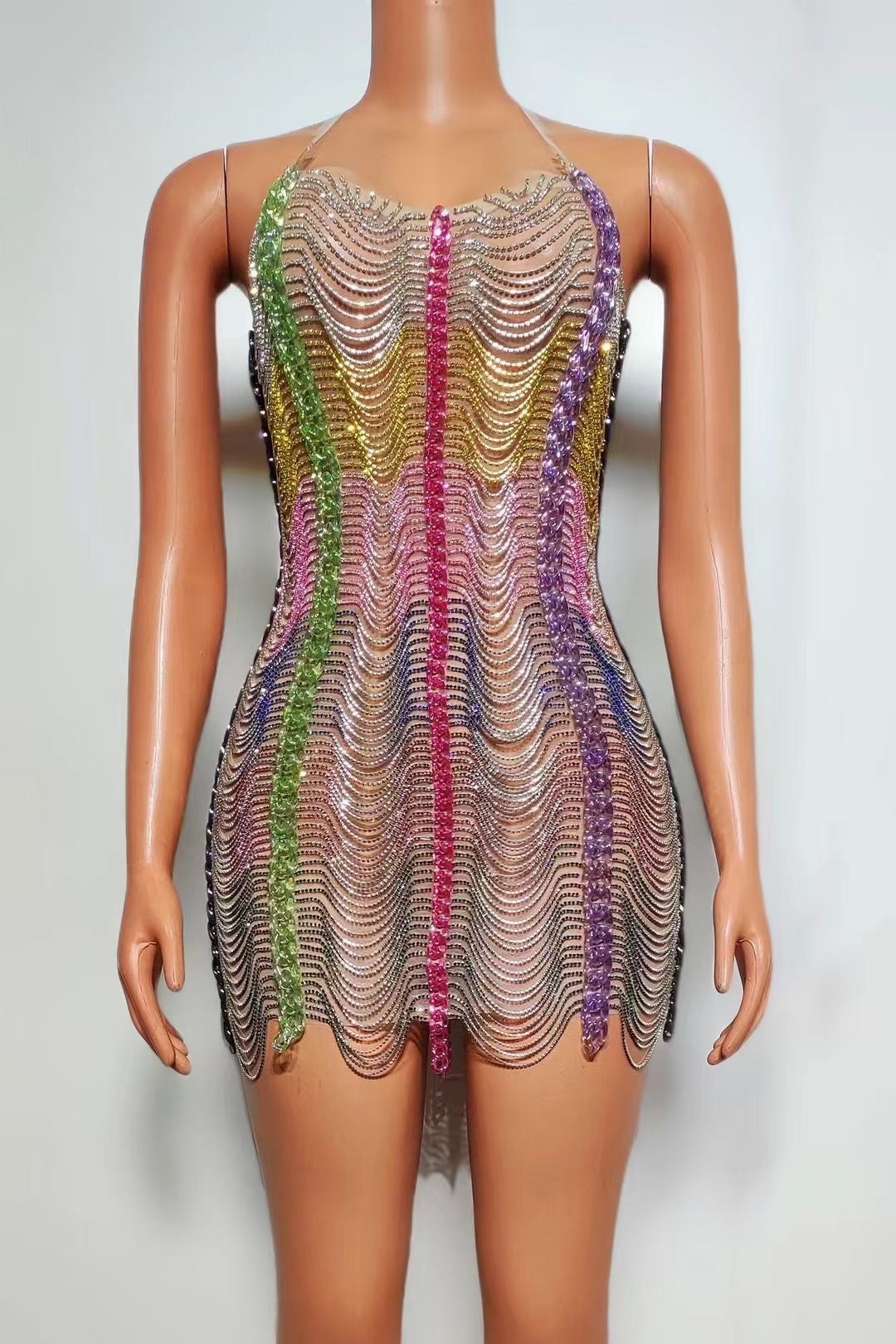Colorful Drill Chain Dress Performance Costume Party Evening Dress