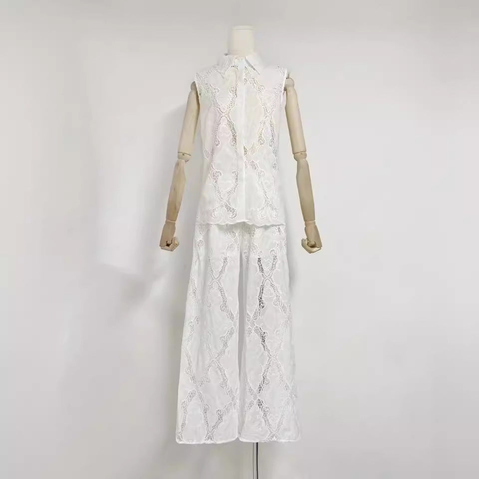 Seaside Vacation Style Lapel Sleeveless Embroidered Polo Top
