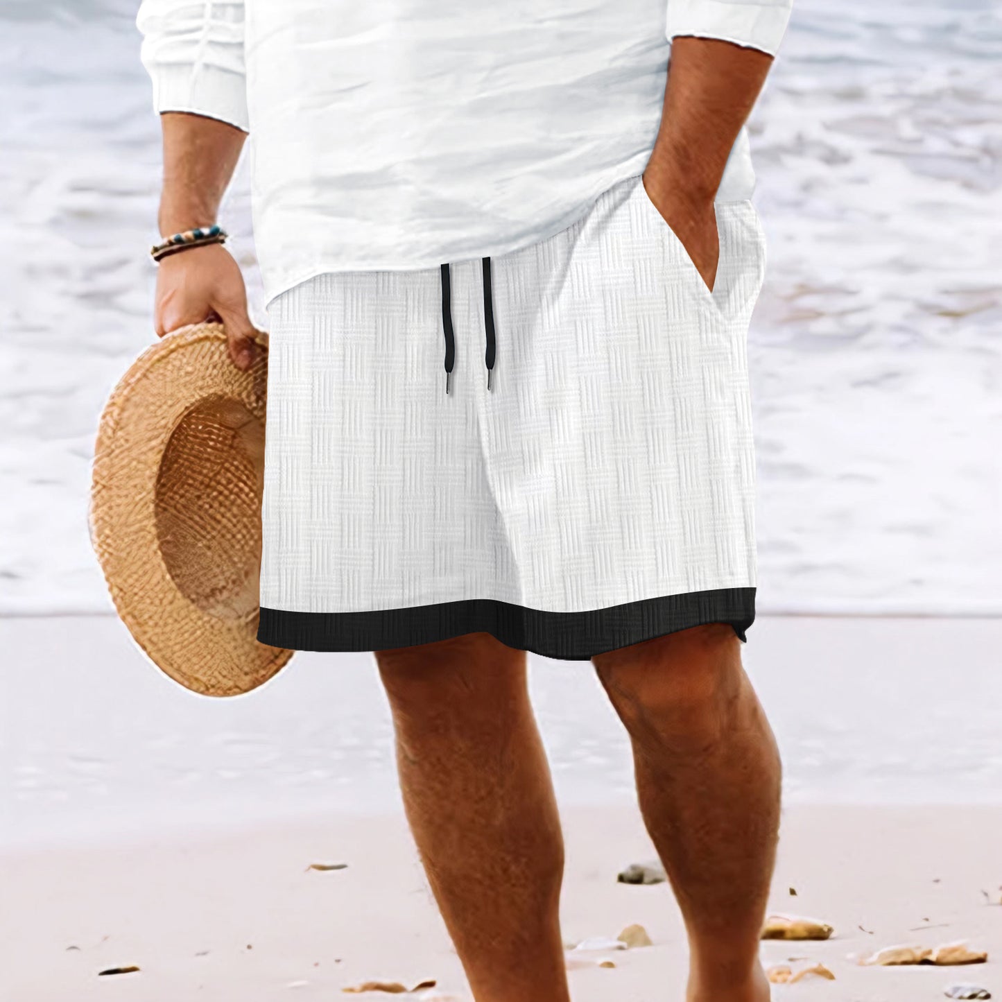 Men's Jacquard Mixed Color Stripe Drawstring Shorts