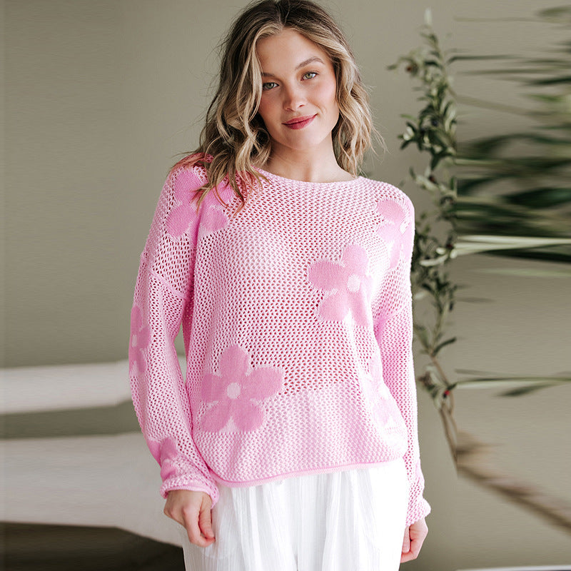 European And American Thin Casual Hollow Knitted Long-sleeved Top